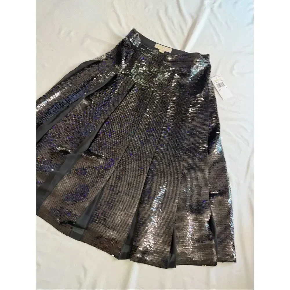 NWT Michael Kors Black Sequin Pleated A Line Cocktail Party Skirt Size 2 New